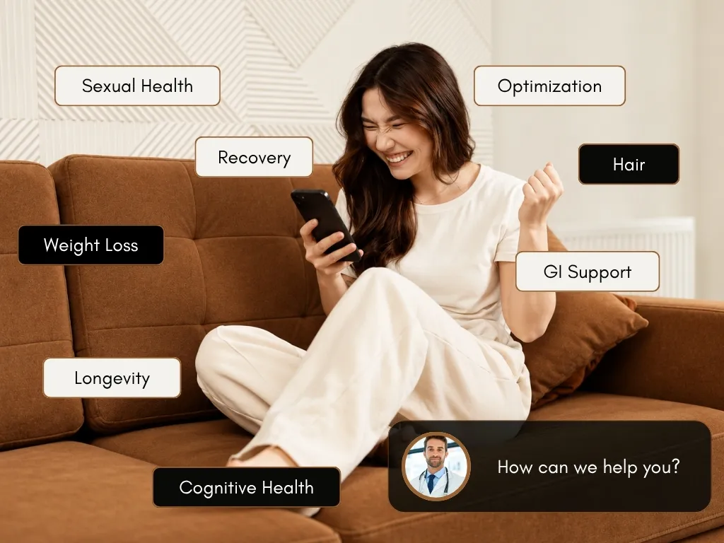 Woman using her phone on a couch, surrounded by health category labels like weight loss, recovery, longevity, and cognitive health