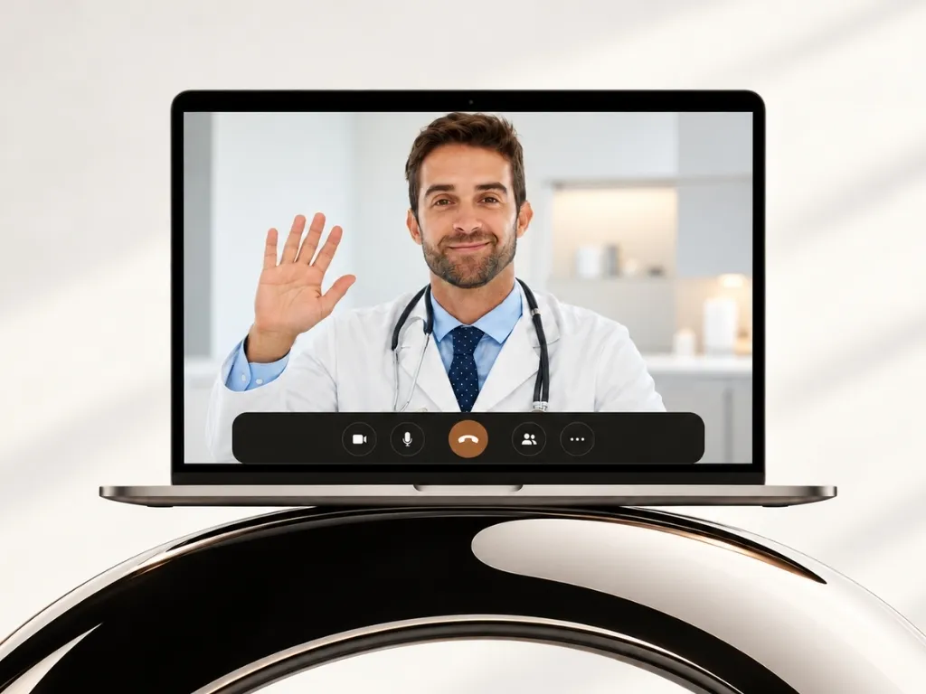 Doctor waving on a telehealth video call shown on a laptop