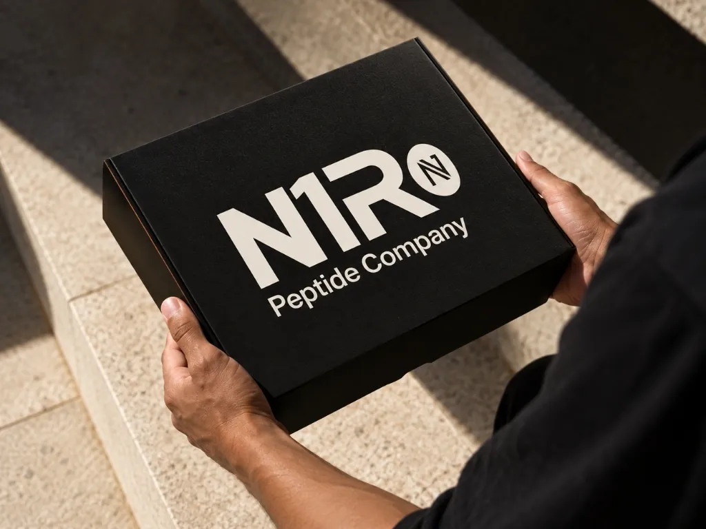 Hands holding a black N1R Peptide Company shipping box
