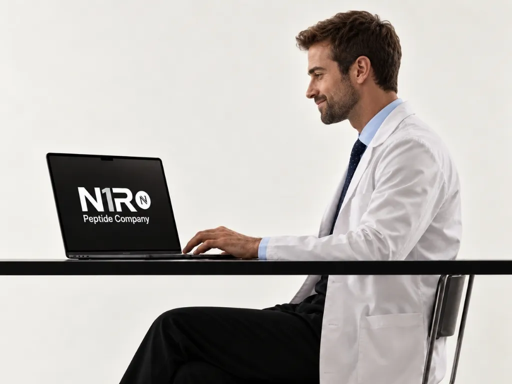 Doctor working on a laptop displaying the N1R Peptide Company logo
