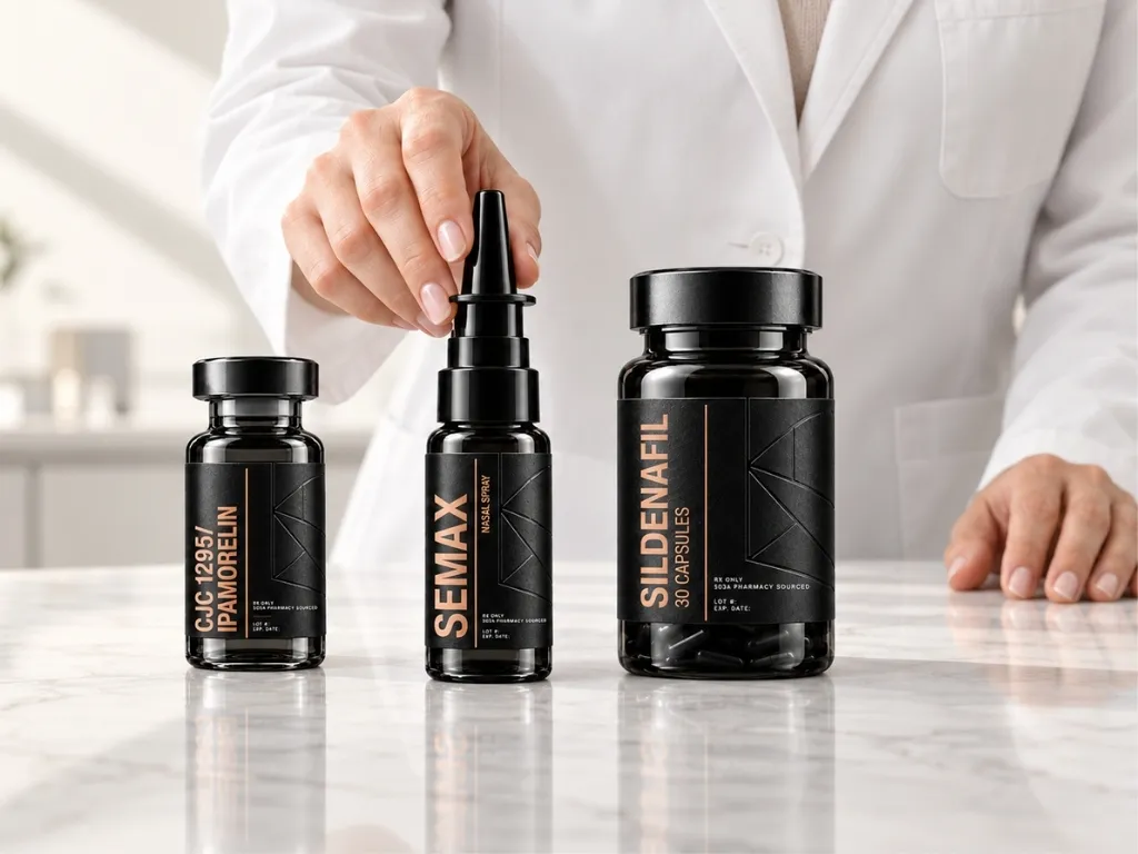 Clinician arranging N1R Semax, Sildenafil, and other peptide products on a marble counter
