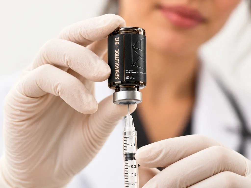 Gloved clinician drawing medication from an N1R vial with a syringe